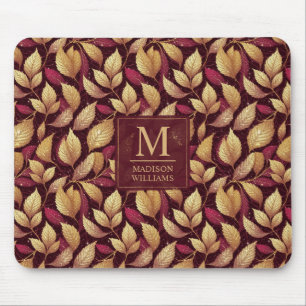 Red Maroon Gold Glitter Autumn Leaves Pattern Mouse Pad