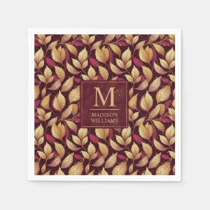 Red Maroon Gold Glitter Autumn Leaves Pattern Napkins