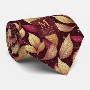 Red Maroon Gold Glitter Autumn Leaves Pattern Neck Tie