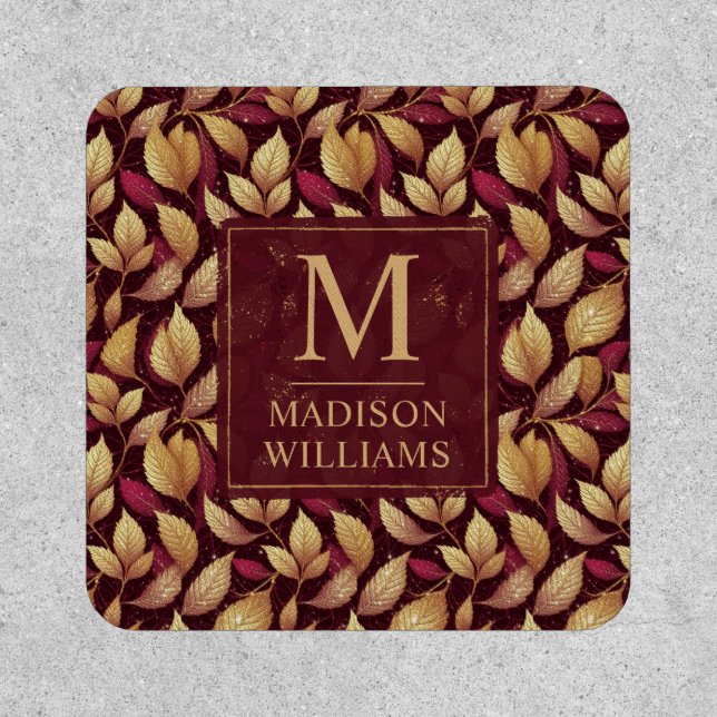 Red Maroon Gold Glitter Autumn Leaves Pattern Patch (Front)
