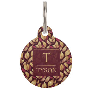 Red Maroon Gold Glitter Autumn Leaves Pattern Pet ID Tag
