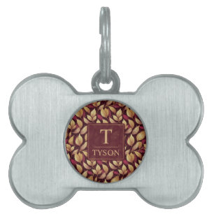 Red Maroon Gold Glitter Autumn Leaves Pattern Pet ID Tag