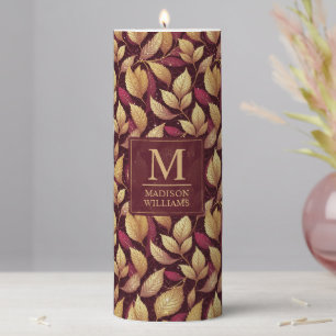 Red Maroon Gold Glitter Autumn Leaves Pattern Pillar Candle