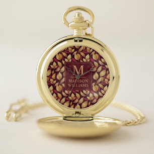 Red Maroon Gold Glitter Autumn Leaves Pattern Pocket Watch