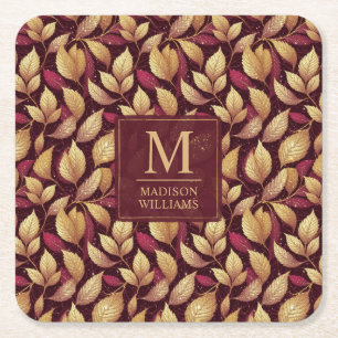 Red Maroon Gold Glitter Autumn Leaves Pattern Square Paper Coaster