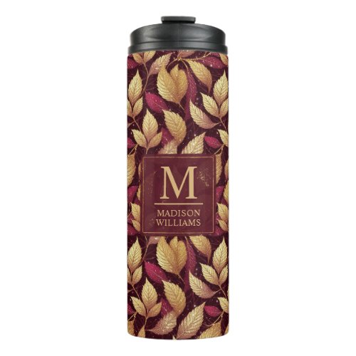 Red Maroon Gold Glitter Autumn Leaves Pattern Thermal Tumbler