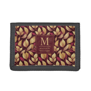 Red Maroon Gold Glitter Autumn Leaves Pattern Tri-fold Wallet