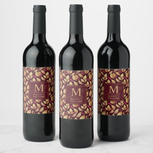 Red Maroon Gold Glitter Autumn Leaves Pattern Wine Label