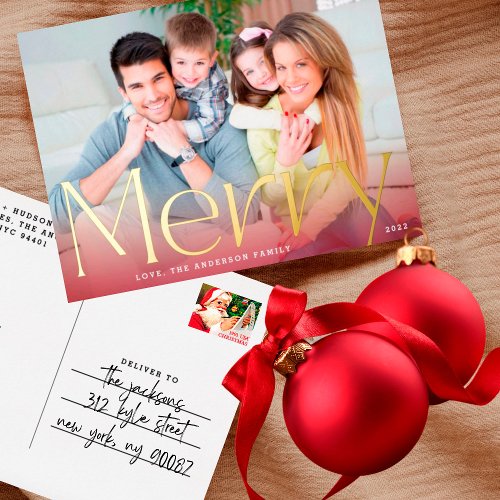 Red Maroon Gradient  Modern Gold Merry Photo  Foil Holiday Postcard
