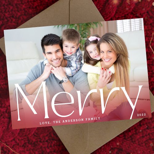 Red Maroon Gradient  Modern White Merry Photo Holiday Card