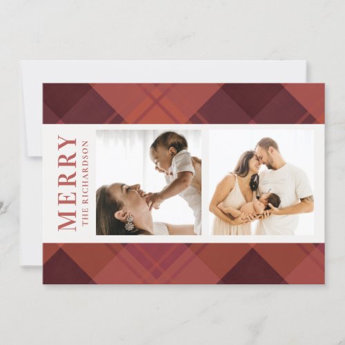 Red Maroon Marsala Plaid 2 Photo Merry Christmas Holiday Card