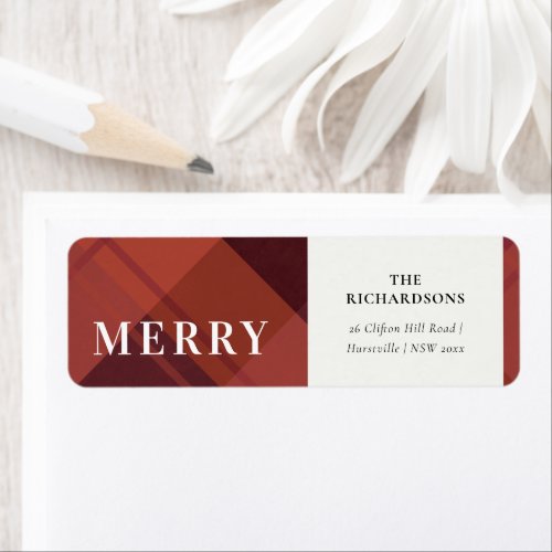 Red Maroon Marsala Plaid Merry Christmas Address Label