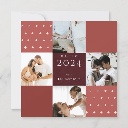 Red Maroon Plaid 4 Photo Cross Hello 2020 New Year Holiday Card