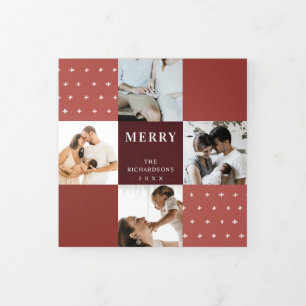 Red Maroon Plaid 7 Photo Cross Merry Christmas Tri-Fold Holiday Card