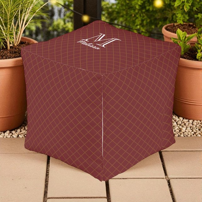 Red Maroon Square Geometric Pattern Outdoor Pouf (Creator Uploaded)