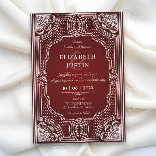 Red maroon vintage art deco wedding invitation