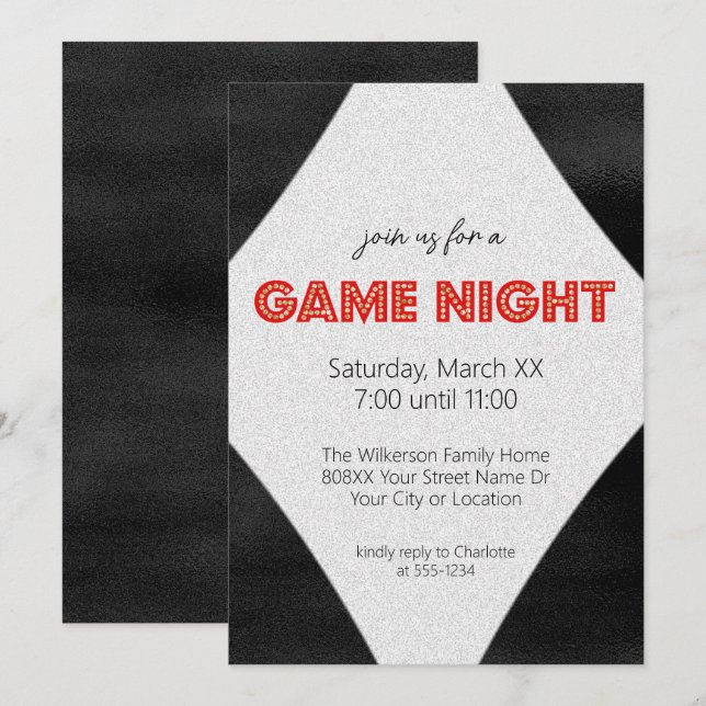 Red Marquee Sign on Black Game Night Party Invitation (Front/Back)
