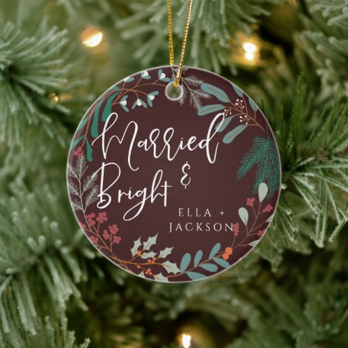 Red Married and Bright First Christmas Botanical Ceramic Ornament