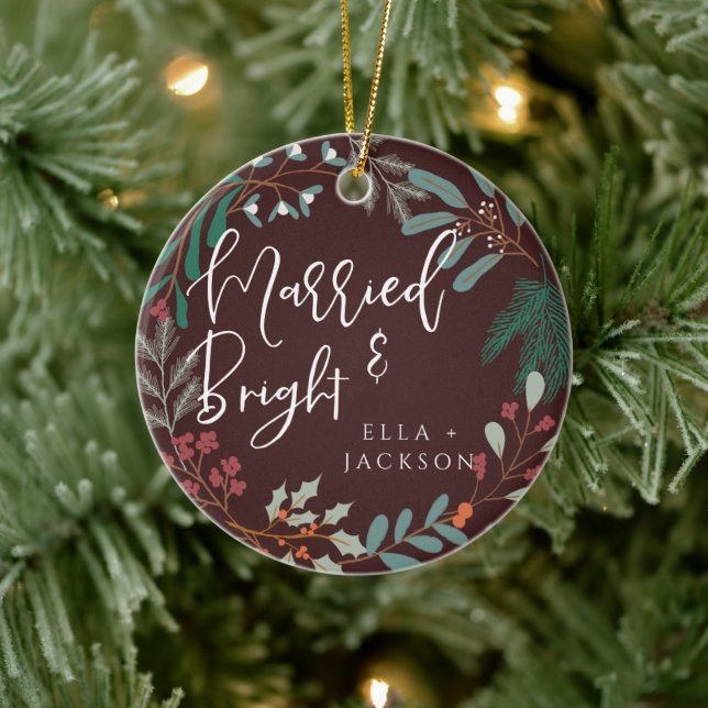 Red Married and Bright First Christmas Botanical Ceramic Ornament (Tree)