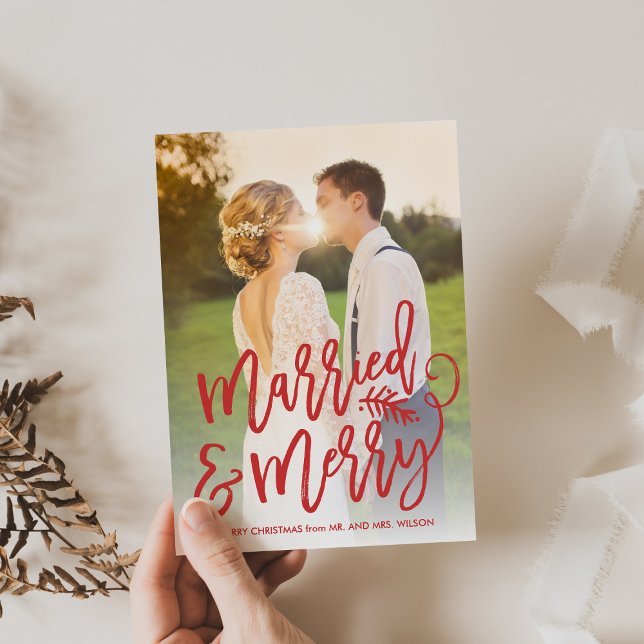 Red Married and Merry Chic Script Full Photo Holiday Card (Creator Uploaded)