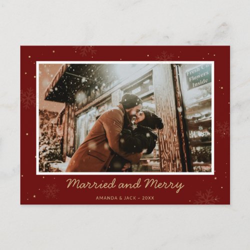 Red Married and Merry First Christmas Photo Holiday Postcard