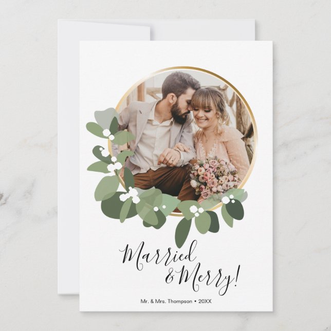 Red Married and Merry Photo wreath 1st Christmas Holiday Card (Front)