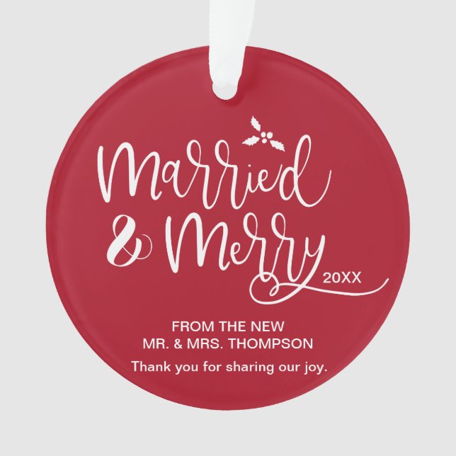 Red Married and Merry wedding photo favor Ornament (Front)