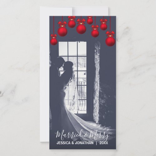 Red MARRIED  MERRY First Christmas  Add PHOTO Holiday Card