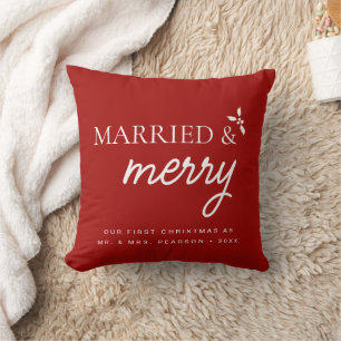 Red Married & Merry Our first Christmas Newlywed Throw Pillow