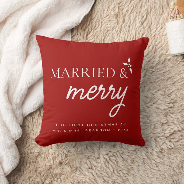 Red Married & Merry Our first Christmas Newlywed Throw Pillow (Blanket)