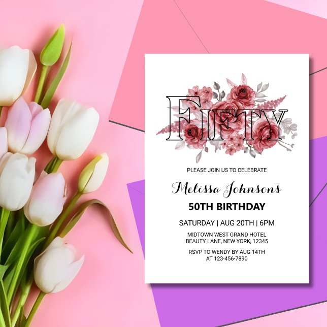 Red Marron Rose Greenery Floral 50th Birthday Invitation (Creator Uploaded)