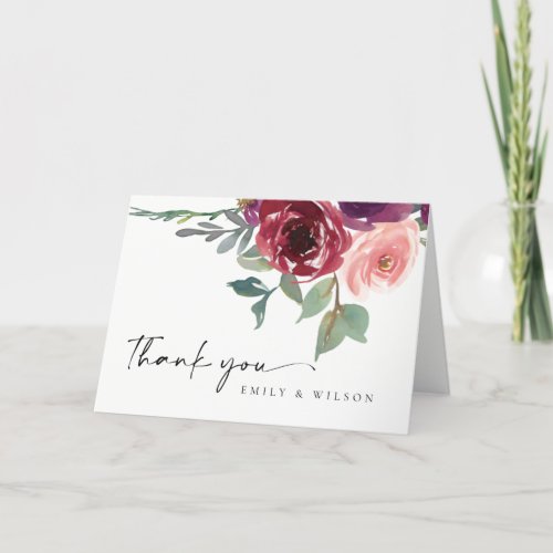 RED MARSALA BLUSH ROSE FLORAL WATERCOLOR WEDDING THANK YOU CARD