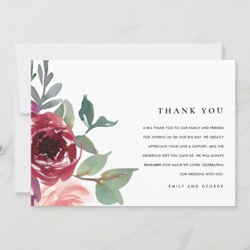 RED MARSALA BLUSH ROSE WATERCOLOR FLORAL WEDDING THANK YOU CARD