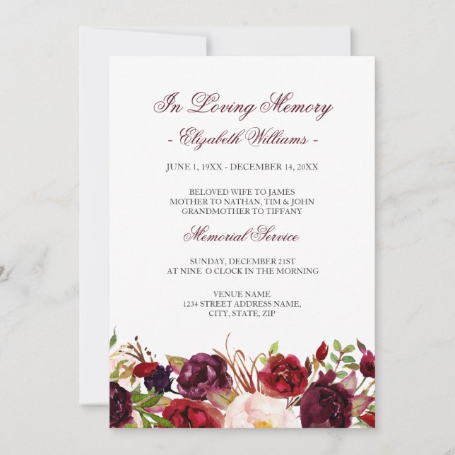 Red Marsala Burgundy Floral Memorial Service Invitation (Front)