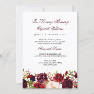 Red Marsala Burgundy Floral Memorial Service Invitation