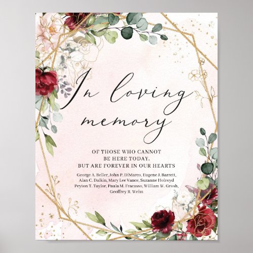 Red marsala burgundy wedding in loving memory sign