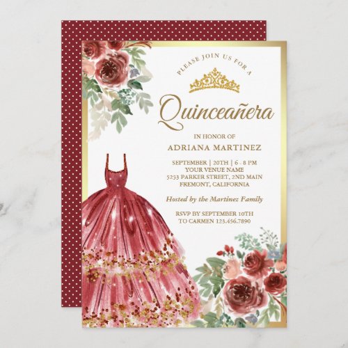 Red Marsala Floral Dress Gold Quinceanera Invitation