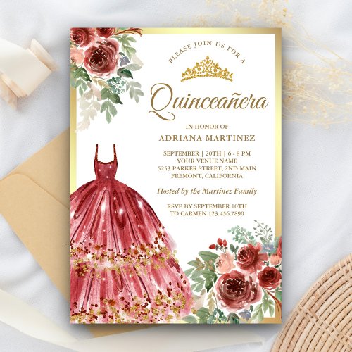 Red Marsala Floral Dress Gold Quinceanera Invitation