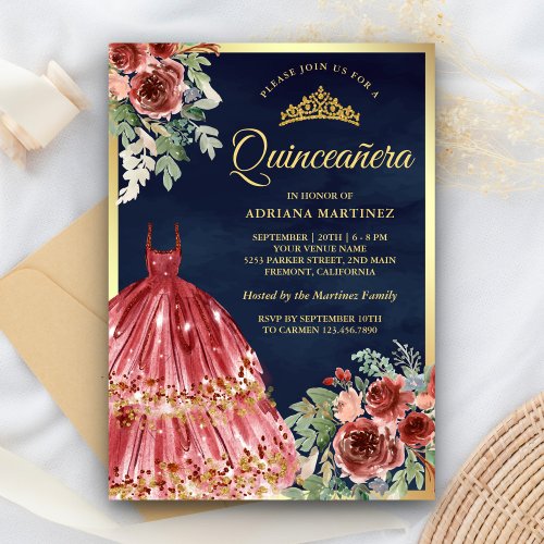 Red Marsala Floral Dress Navy Gold Quinceanera Invitation