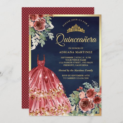 Red Marsala Floral Dress Navy Gold Quinceanera Invitation