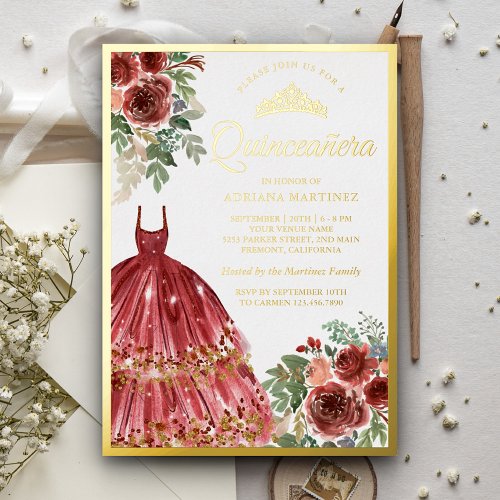 Red Marsala Floral Dress Quinceanera Gold Foil Invitation