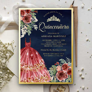 Red Marsala Floral Dress Quinceanera Navy Gold Foil Invitation