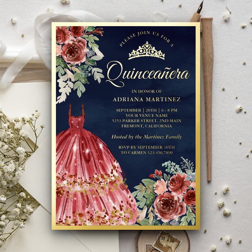 Red Marsala Floral Dress Quinceanera Navy Gold Foil Invitation
