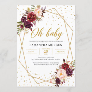 Red marsala gold geometric frame baby shower invitation
