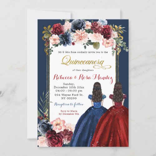 Red Marsala Navy Blue Floral Twins Quinceaera Invitation