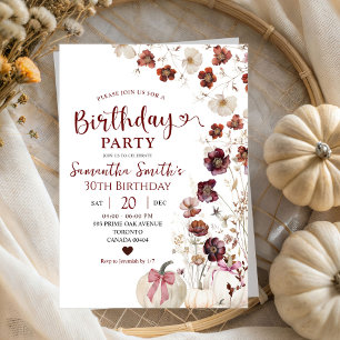 Red Marsala Pumpkin Fall Wildflower Birthday Invitation