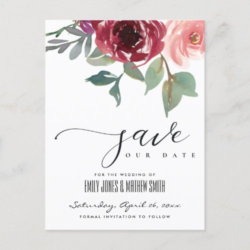 RED MARSALA ROSE WATERCOLOR FLORAL SAVE THE DATE ANNOUNCEMENT POSTCARD