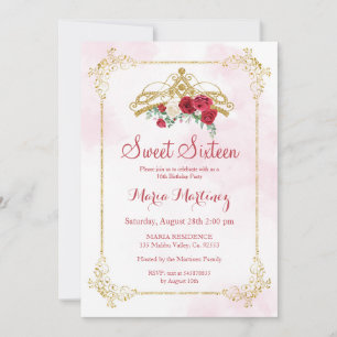 Red Marsala Roses Flowers Blush Pink Sweet 16 Invitation