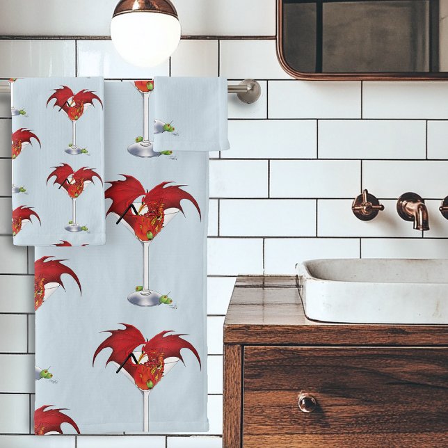 Red Martini Dragon Cocktail Fantasy Illustration Bath Towel Set (Creator Uploaded)