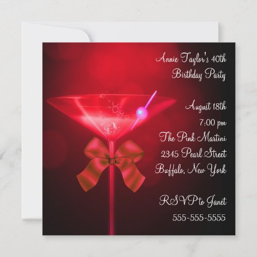 Red Martini Womans Any Number Birthday Party Invitation